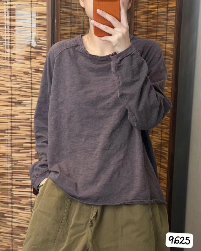 2025秋款文艺纯色卷边棉质打底衫女圆领长袖宽松百搭显瘦套头T恤|undefined