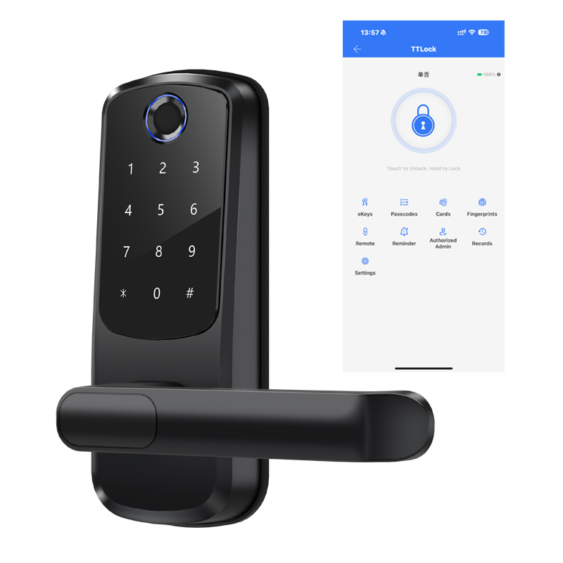 Cerradura inteligente TTLOCK de aleación de aluminio con huella dactilar y WiFi, superventas transfronteriza, para puertas de madera, con diseño antigraffiti, para apartamentos, del fabricante.