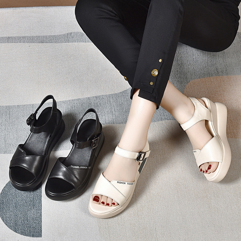 Sandal nữ đế dày da thật gót dốc cao hở mũi phối váy thời trang — Da trắng gạo nâng cấp gót dốc không mỏi chân