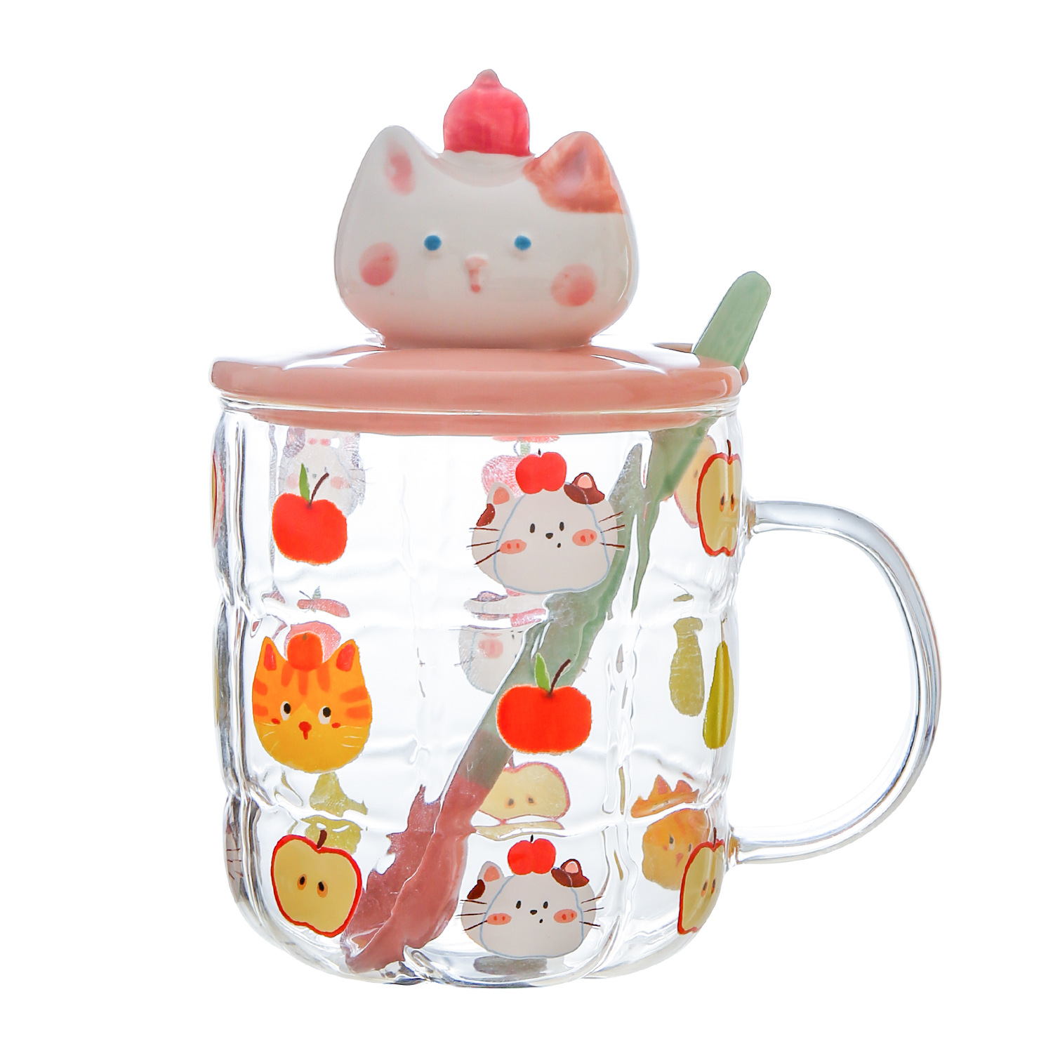 Gato estereoscópico pintado a mano alta resistencia al calor de vidrio de silicio de alta calidad de oficina con cubierta de cuchara de agua taza de dibujos animados taza de marca