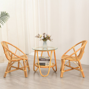 Real Rattan Chair Three-Piece Set Balcony Small Table and Chair Combination Leisure Home Modern Simple Courtyard Rattan Woven Back Chair