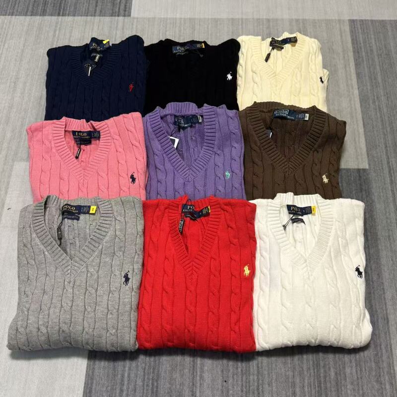 In-Stock Rl Laff V-Neck Knit Pony Logo Embroidery Nine-Color Wool Cable Slim Versatile Lazy Versatile Top
