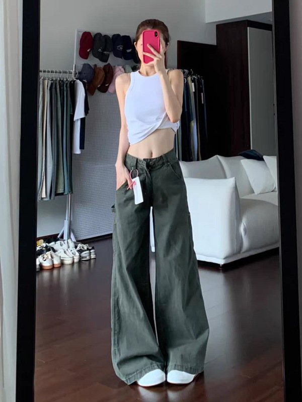 大码复古美式军绿色牛仔裤女秋胖mm宽松高腰显瘦直筒阔腿工装裤|undefined