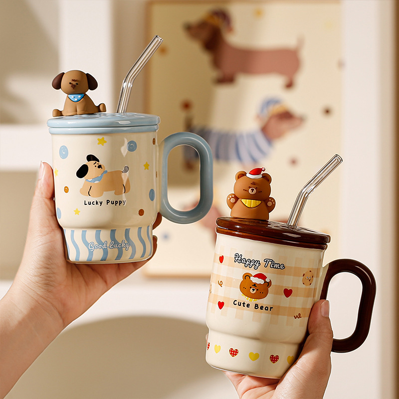遊び心のあるかわいい動物ストローセラミックウォーターカップオフィス蓋付き大容量マグ誕生日プレゼントお土産|undefined