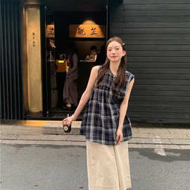 日系甜美设计感小众格子衬衫女2025夏季新款宽松无袖娃娃衫上衣