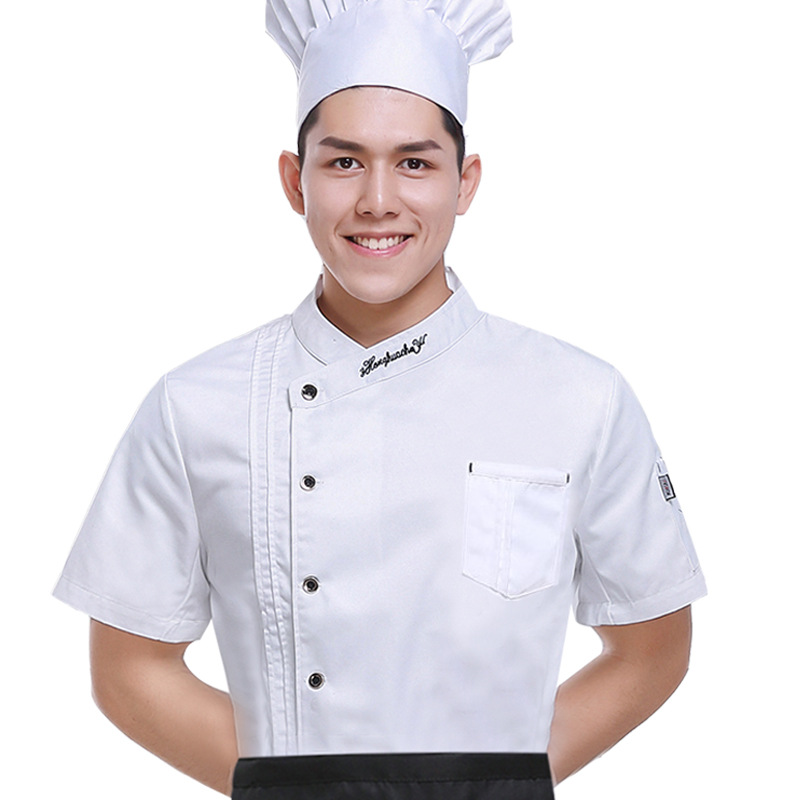 Ropa de trabajo de chef de estilo chino a la moda para hombre, de manga corta, fina y transpirable para verano, uniformes de chef personalizados para hombre en cocinas de restaurantes.
