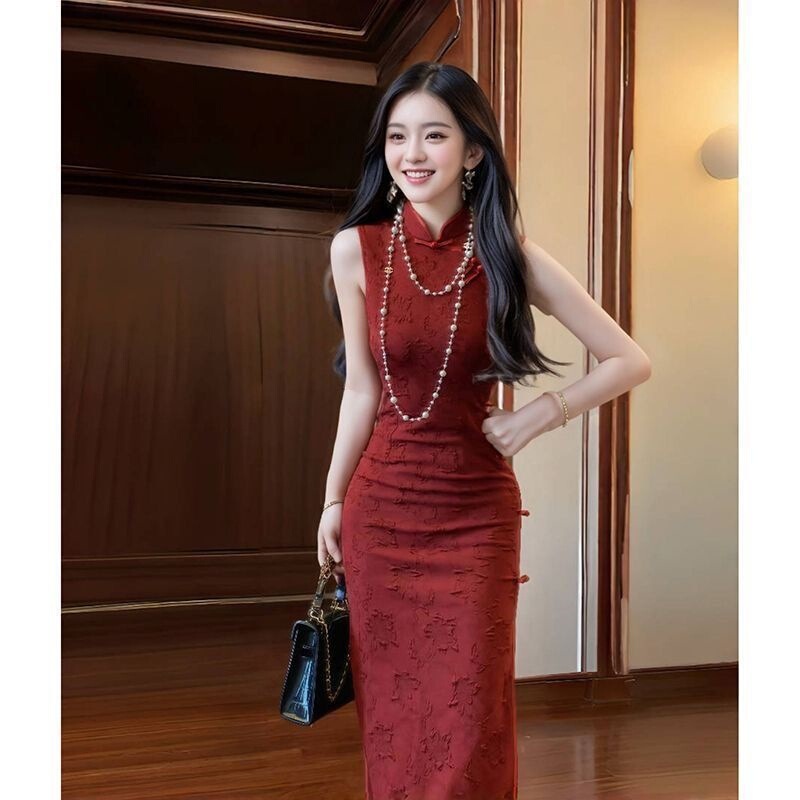 Red high-end dress, new style, everyday long dress, youthful temperament, Chinese-style cheongsam, new engagement national style for summer Red high-end dress, new style, everyday long dress, youthful temperament, Chinese-style cheongsam, new engagement national style for summer