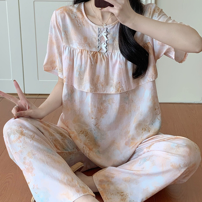 Cotton Silk Pajamas for Women, Summer Thin Style, Anti-Bump Short-Sleeved Rayon Pajamas, Large Size, Can Be Worn Outside, Student Home Clothes
