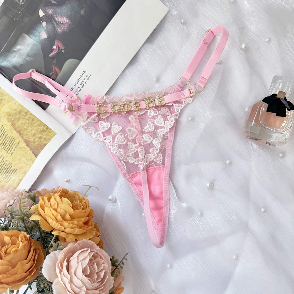Transfronterizos europeos y estadounidenses sexy de encaje de diamante letras ajustable de cintura baja thongs transparente sexy vacío ropa interior de mujer