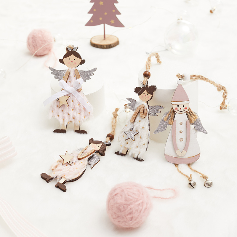 Angel rosa chica de madera Navidad colgante decoración de Navidad colgante hombre viejo muñeco de nieve decoración de alce