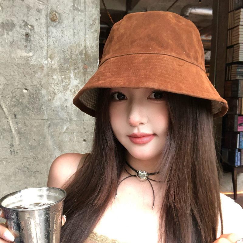 日系复古麂皮绒双面戴渔夫帽女秋冬季百搭显脸小盆帽防晒水桶帽子|undefined