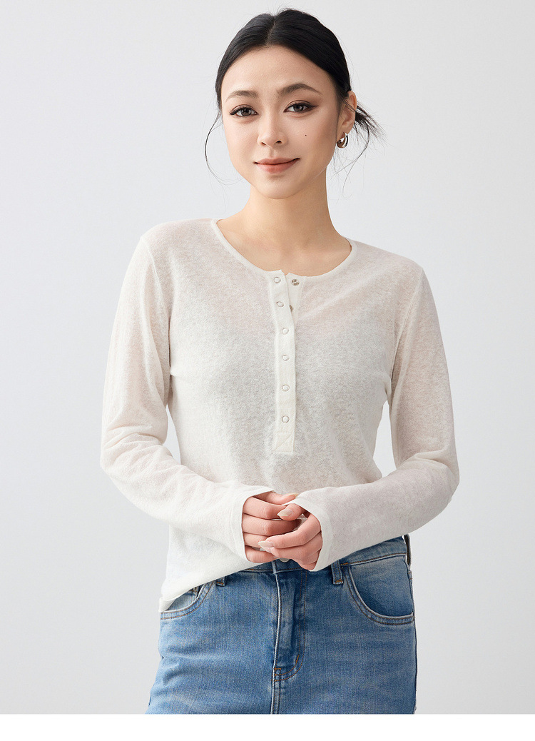 Áo chống nắng nữ cổ Henry dáng rộng chất liệu tre gai thoáng mát — màu xanh nhạt chi tiết 18