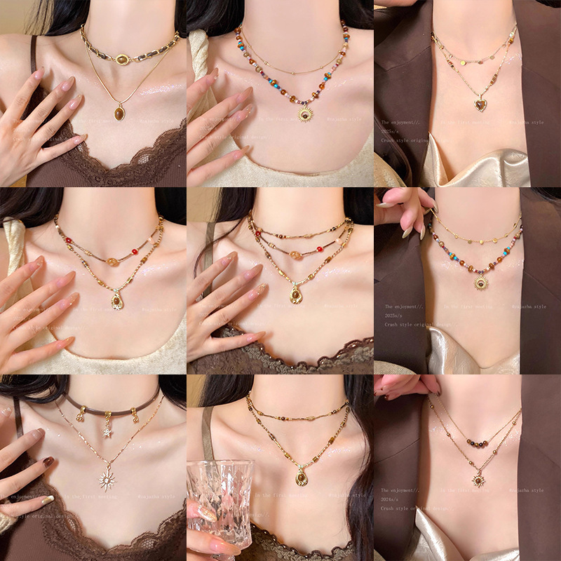 2025 Maillard Tiger Eye Stone Necklace Women's Light Luxury Niche High-End Clavicle Chain Autumn and Winter Sweater Sweater Chain