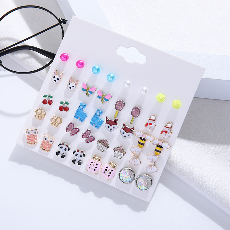 1 Set Cute Heart Shape Fox Cake Alloy Enamel Inlay Pearl Women's Ear Studs display picture 4