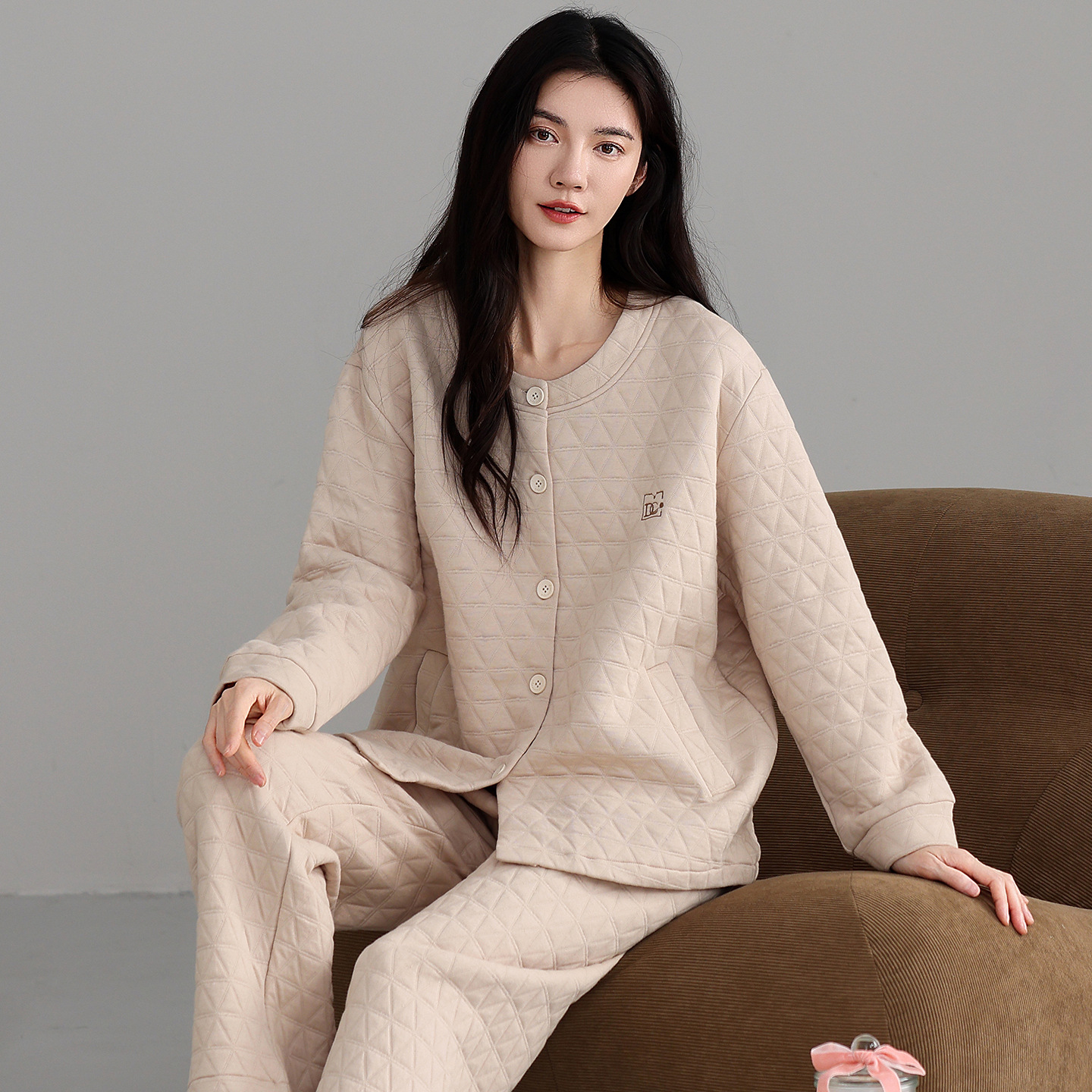 Air Cotton Pajamas for Women Thickeneded Pure Cotton Sandwich Autumn and Winter New Long-Sleeved Loose Large Size Can Be Worn Outside Quilted Home Clothes