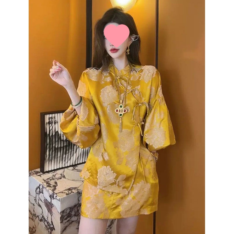 小洋装名媛高端套装女夏款新中式国风黄色缎面衬衫裙子高档两件套