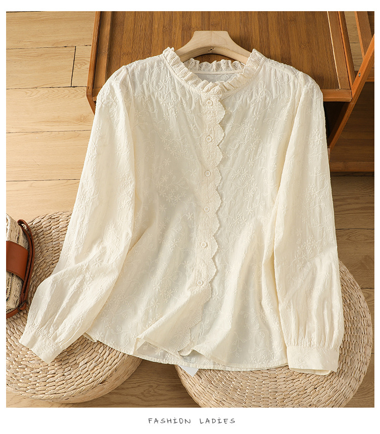 Camicia donna a maniche lunghe in cotone con pizzo e ricami_voghion.com