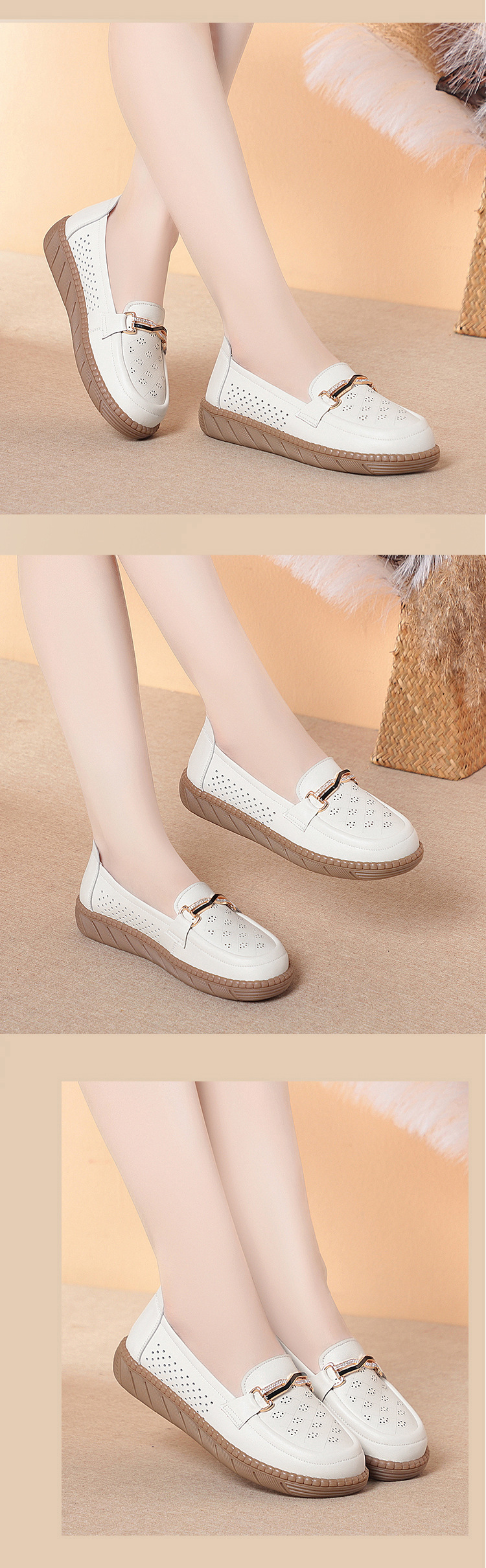 Giày sneaker nữ da thật đế mềm thoải mái, phù hợp người lớn tuổi, size lớn — Be【Kiểu giày đơn】 chi tiết 2