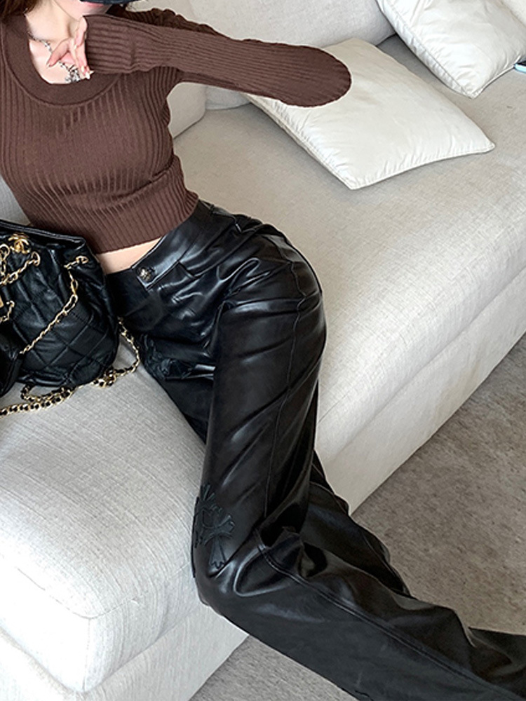 Yimeng pantalones de cuero para mujeres 2023 nuevos pantalones casuales adelgazantes rectos pantalones cruzados de cuero suave PU para mujeres Otoño e Invierno