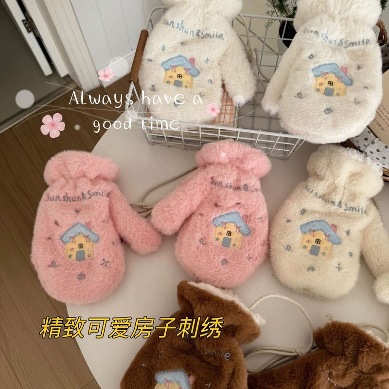 韩版手套女毛绒冬季加绒可爱房子手套ins加厚保暖学生骑车防寒|undefined