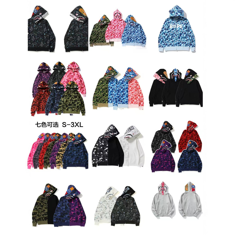 Cross-border foreign trade wholesale new shark camouflage hooded zip-up fleece-lined sweatshirt jacket for men and women trendy