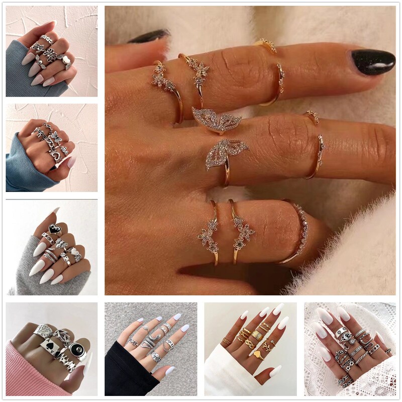 Shiny Diamond Butterfly Ring Women's Joint Ring Knuckle Ring Vintage Angel Skull Love Snake Ring