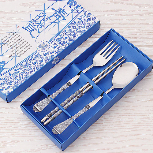 Stainless steel portable tableware set of spoon, chopsticks, and fork (trio) - Blue and white porcelain tableware - Student outdoor travel utensil gift