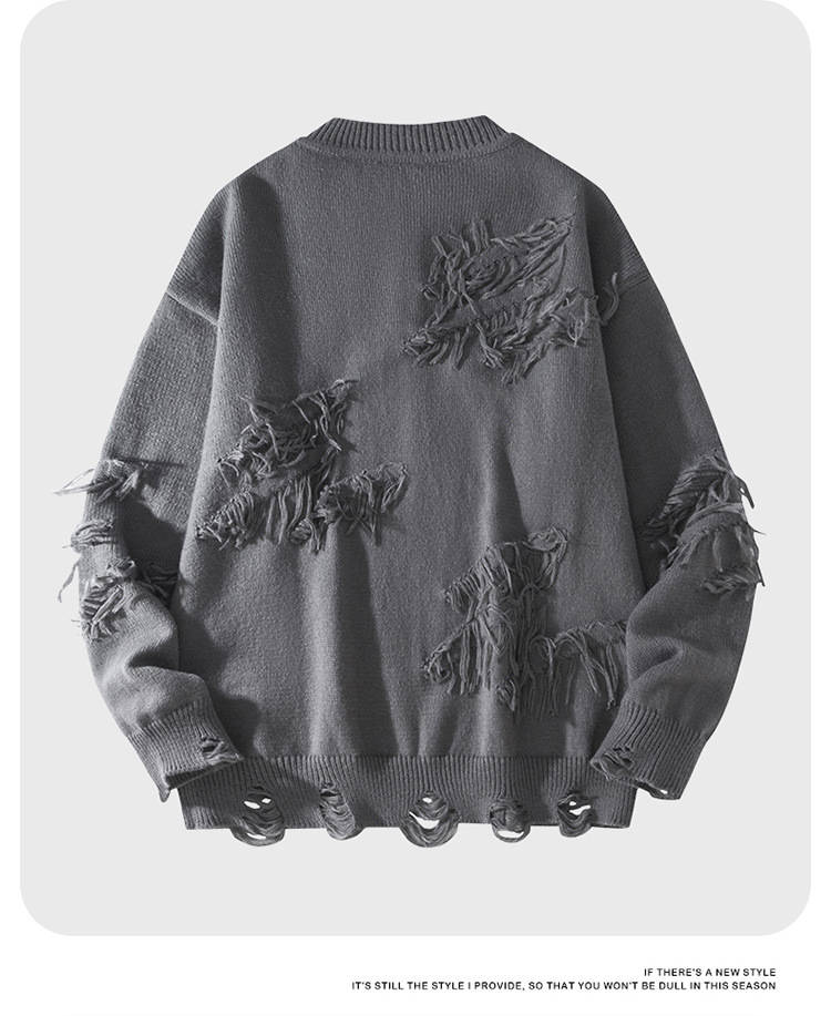 Men's Distressed Knit Sweater Oversized Round Neck Pullover Top_voghion.com