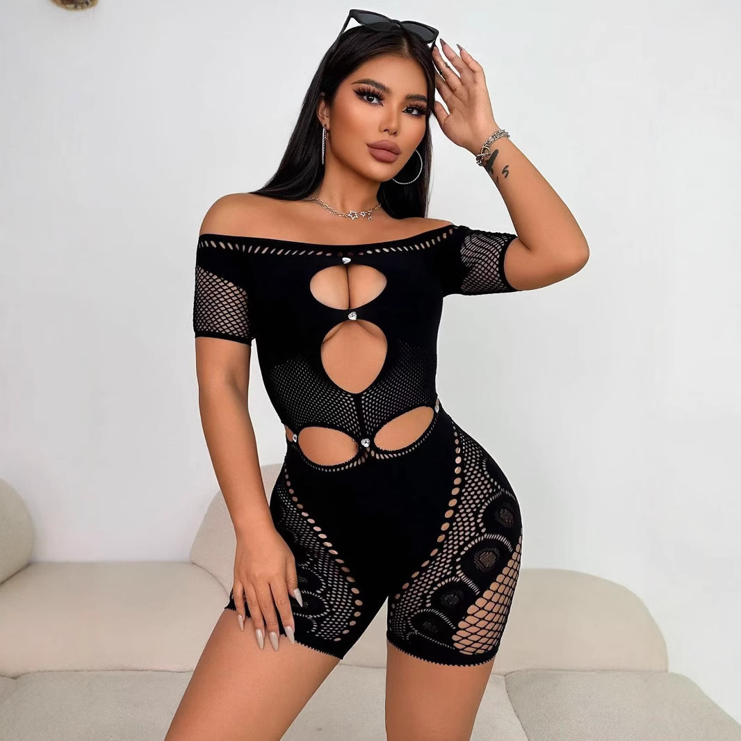 European and American Cross-Border 2025 Summer New Women's One-Shoulder Cut Out Sexy Short-Sleeved Slim Jumpsuit with Diamonds for Women