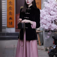 今年流行新中式黑色丝绒外套2024早春款独特超好看国风唐装上衣女