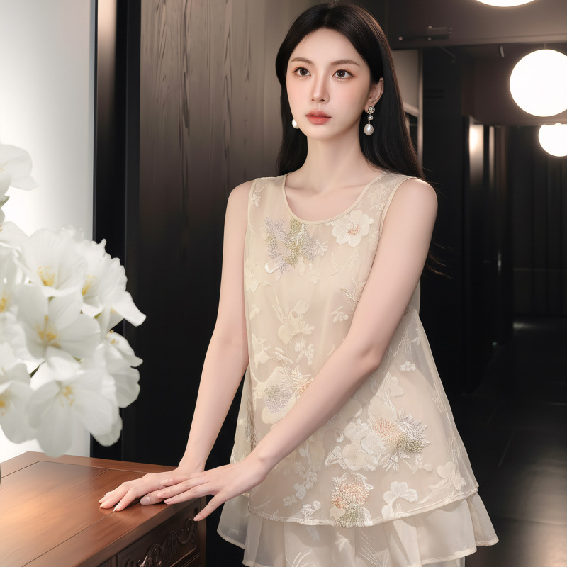 New Chinese-Style High-End Summer Shirt with National Style, Beaded Tube Embroidery, Velvet Jacquard, Sleeveless Top for Women P0537
