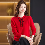 春秋羊毛针织衫新款洋气百搭妈妈长袖毛衣宽松系带圆领女士毛衣，女装针织衫/毛衣，妃慕昵服饰