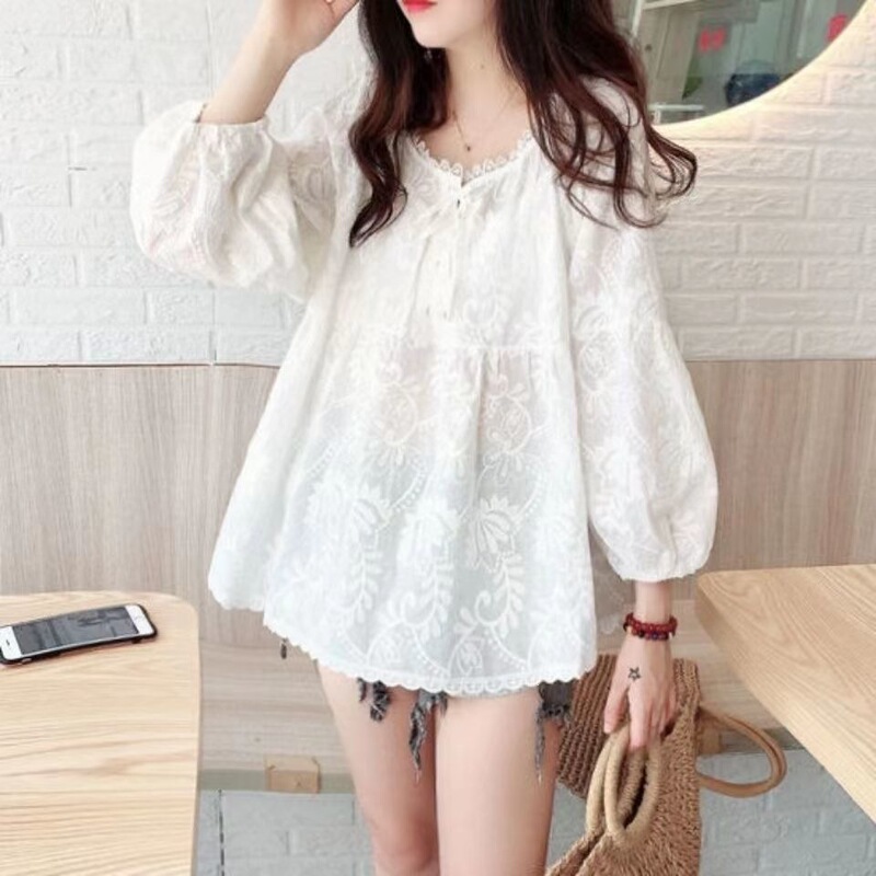 Cotton and Linen Long-Sleeved Age-Reducing Babydoll Shirt for Women, Autumn Style, Sweet Lace Embroidered Floral Adult Shirt for Women Cotton and Linen Long-Sleeved Age-Reducing Babydoll Shirt for Women, Autumn Style, Sweet Lace Embroidered Floral Adult Shirt for Women