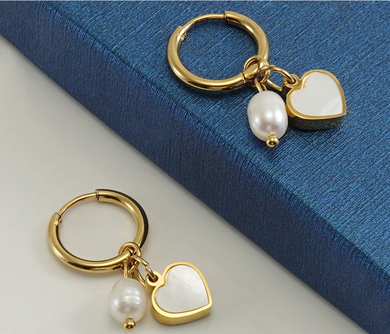 10g Weight PVD Coated Gold Plating Process 304 Stainless Steel Ear Needle Material Fashion Heart Shape Titanium Steel Pearl Plating Drop Earrings 1 Pair
