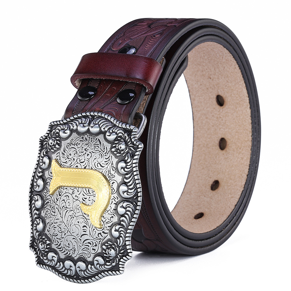Cinturón de letra J de cuero de vaca, cinturón de estilo europeo y americano, cinturón de cintura retro con jeans, cinturón de hombre, tamaño grande