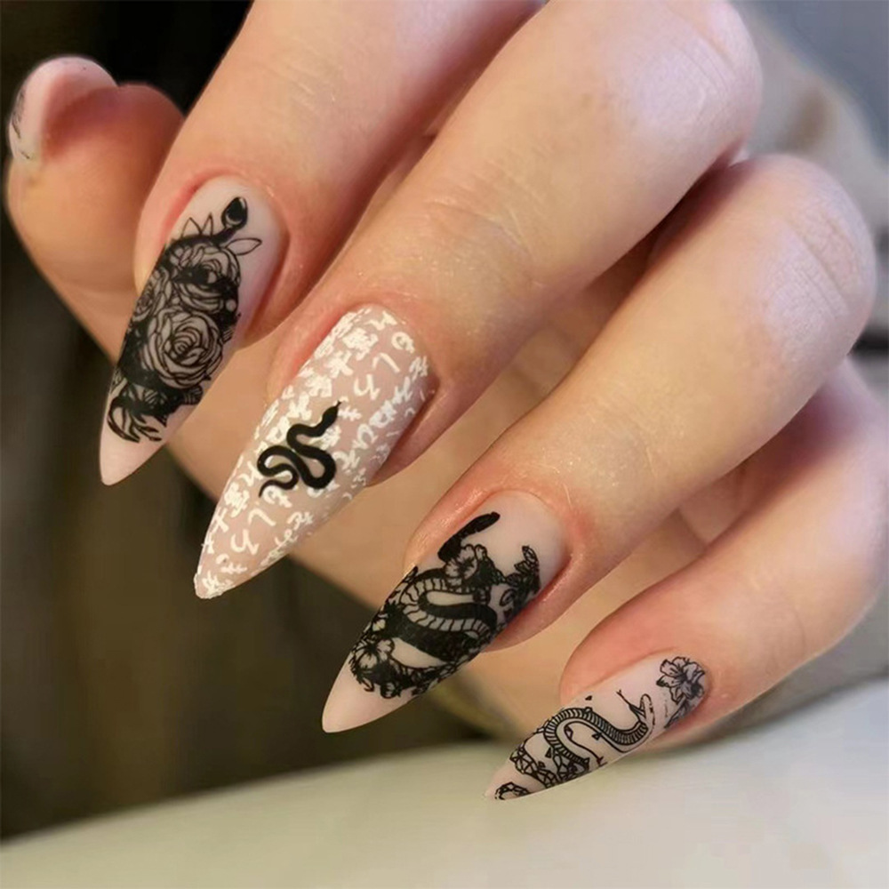 Comercio extranjero venta más oscura brillante desgaste de uñas rosas serpiente manicure 24 piezas de uñas falsas europeas y americanas al por mayor image 1