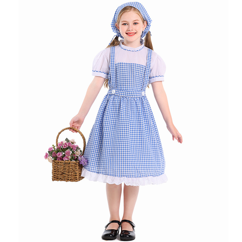 Children's Blue and White Checkered Pastoral Dress with Headscarf, Girls' Fairy Tale Cosplay Stage Performance Costume, Guangzhou Pincolor Children's Blue and White Checkered Pastoral Dress with Headscarf, Girls' Fairy Tale Cosplay Stage Performance Costume, Guangzhou Pincolor
