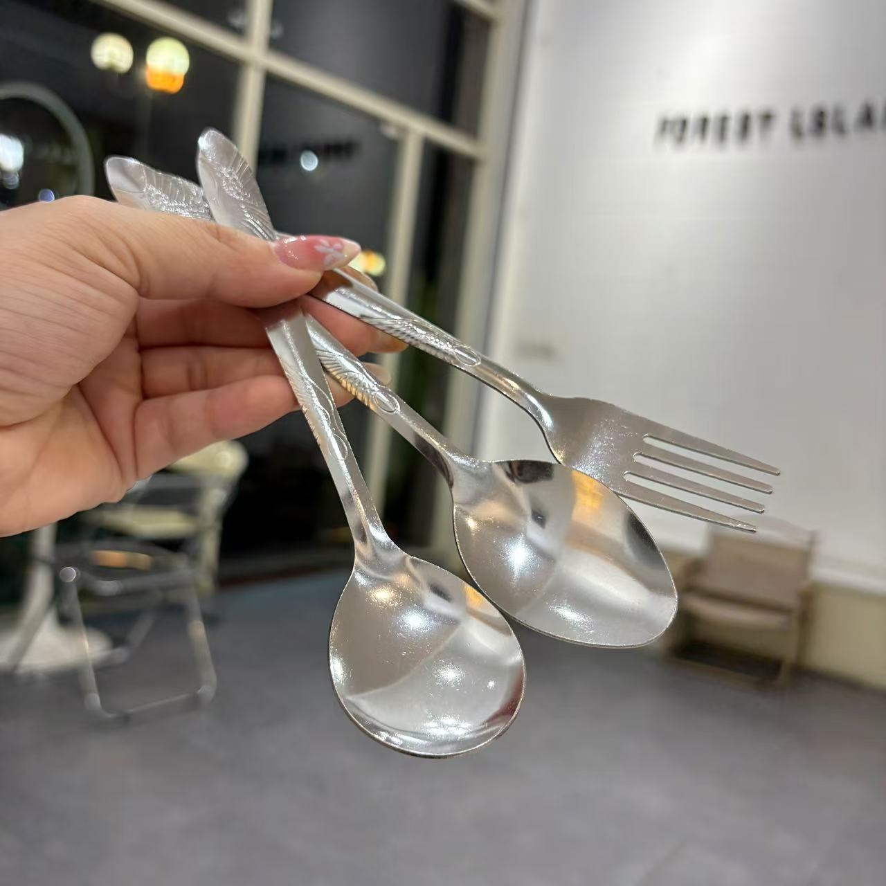 仙鹤叉勺家用吃饭甜品勺高颜值餐厅酒店西式叉子不锈钢圆勺尖勺