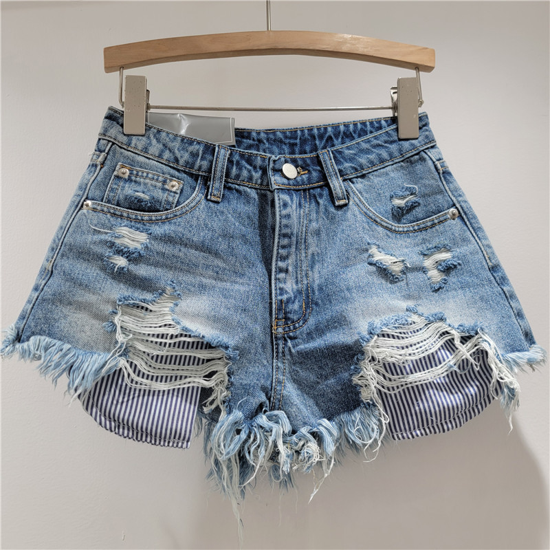 Pantalones Cortos de Mezclilla a Rayas de Mezclilla, Detalles Rotos, para Verano image 3
