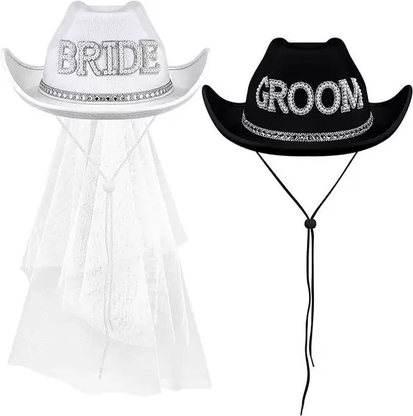 Cross-Border Hot-Selling Item Bride Groom Cowboy Hat Bride and Groom Bachelor Party Hat with Veil Western Cowboy Hat