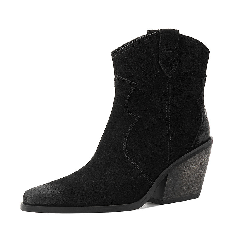 Boot cao bồi nữ da lộn mũi nhọn gót thô cổ thấp — Lớp lót nhung màu kaki