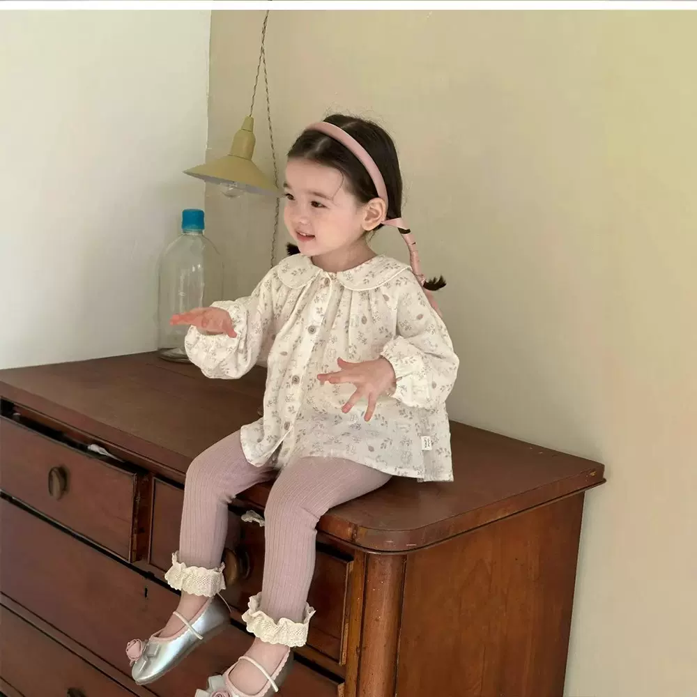 韩国童装2025春季新款女童碎花可爱兔子衬衫女宝宝娃娃领衬衣上衣