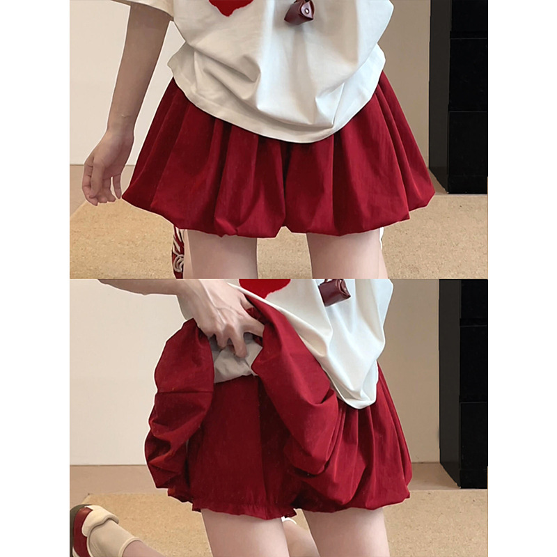 Red Fluffy Bud Skirt for Women, Summer Thin High-Waisted Slimming Anti-Exposure Half Skirt, Petite A-Line Pleated Short Skirt