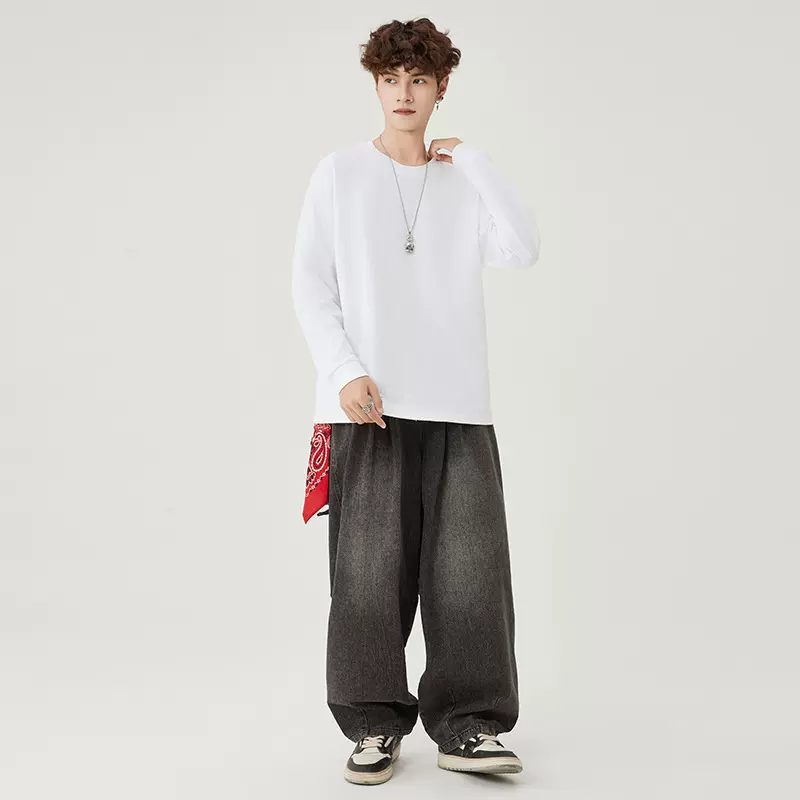 男装春秋季纯棉T恤男女同款长袖套头宽松休闲百搭青少年打底衫t恤