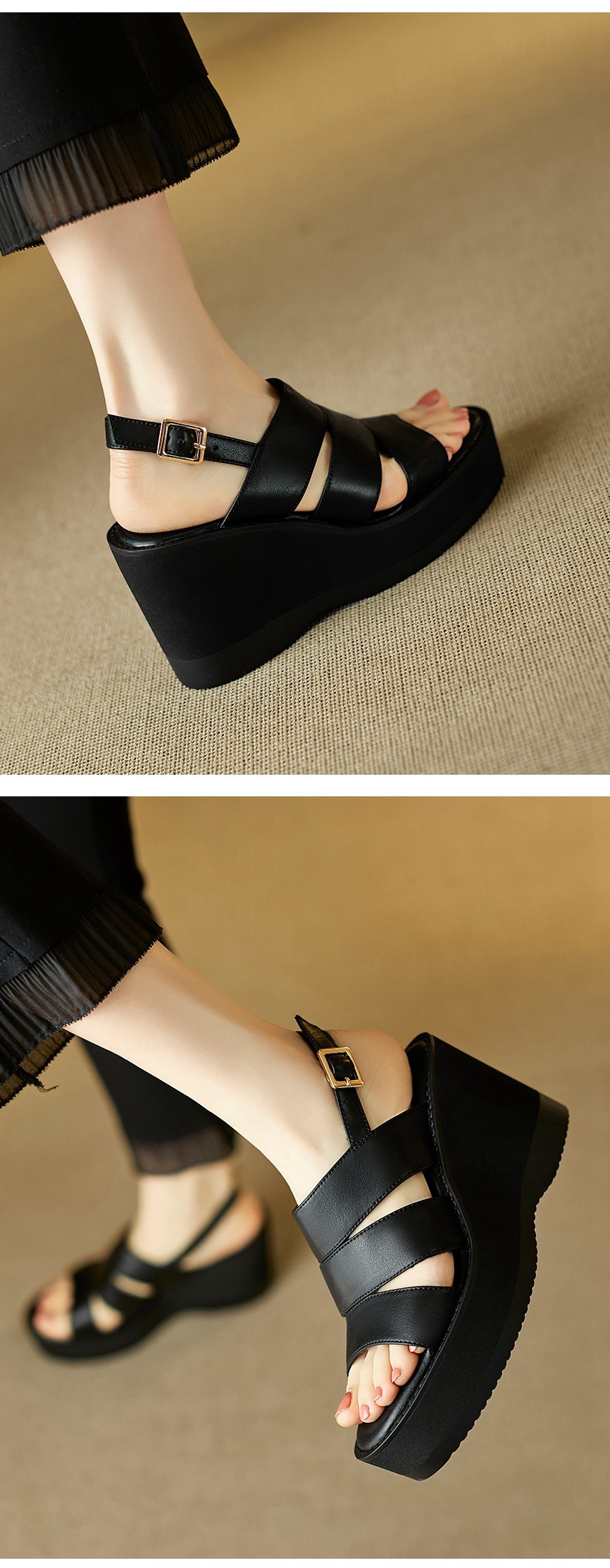 Sandal nữ mũi nhọn gót xuồng đế dày phong cách La Mã quai một dây — đen chi tiết 7