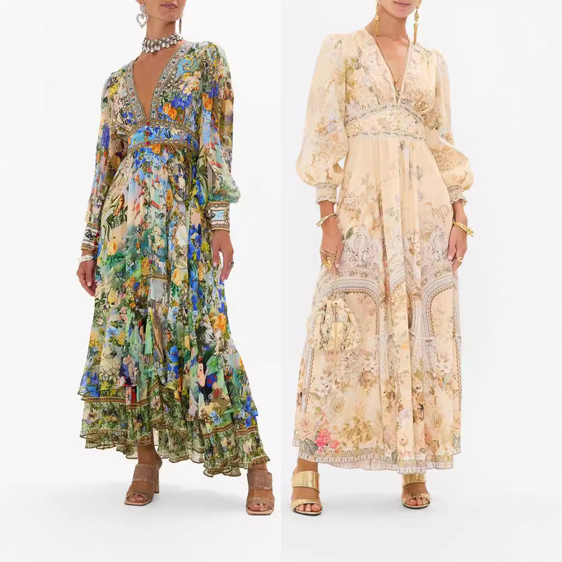 2025 European and American Cross-Border Hot-Selling Printed V Neck Long-Sleeved Puff Sleeve Waist Summer New Women's Chiffon Dress