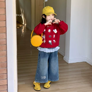 2025冬季新款 女童洋气卡通加绒卫衣+花边牛仔直筒裤儿童加厚套装