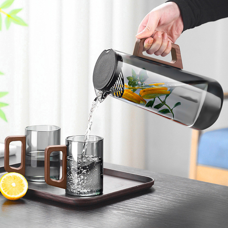 Taza de té de vidrio con mango de madera transfronterizo, resistente a altas temperaturas, juego de tazas para sala de estar, juego de tazas de agua para el hogar, hervidor de agua para hospitalidad.