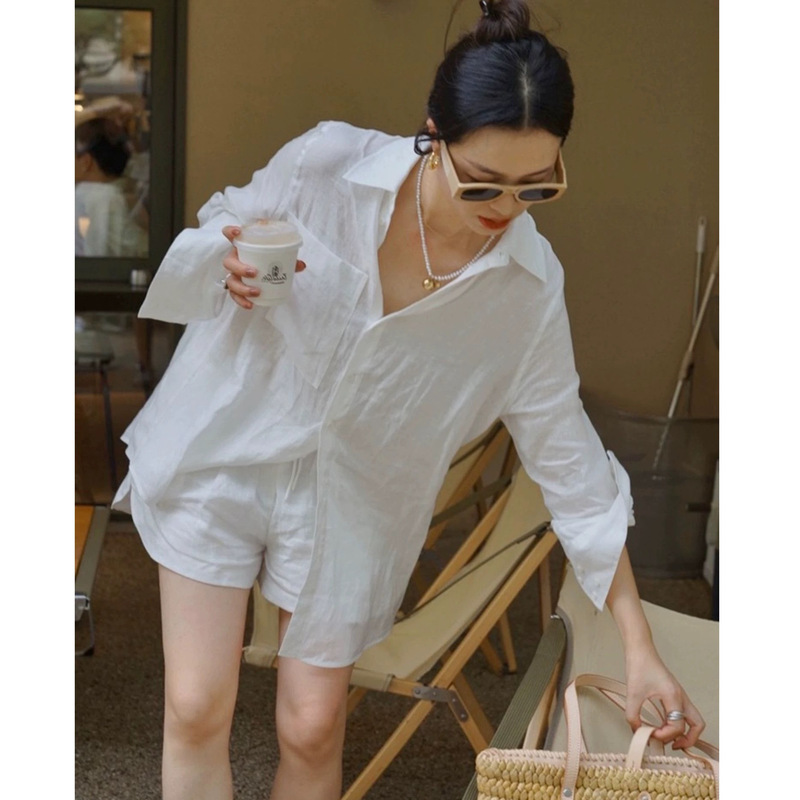 2026Ss High-End French-Style Sun-Protective Linen Shirt, White Long Shirt + Sports Elastic Waist Shorts 2026Ss High-End French-Style Sun-Protective Linen Shirt, White Long Shirt + Sports Elastic Waist Shorts