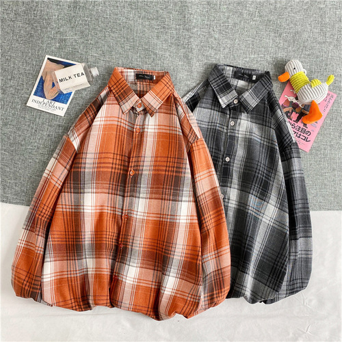 Fashion Trend Retro Men's Checkered Shirt Hong Kong Style Quality Casual Open Cardigan Top Long Sleeve Collar Shirt Wholesale